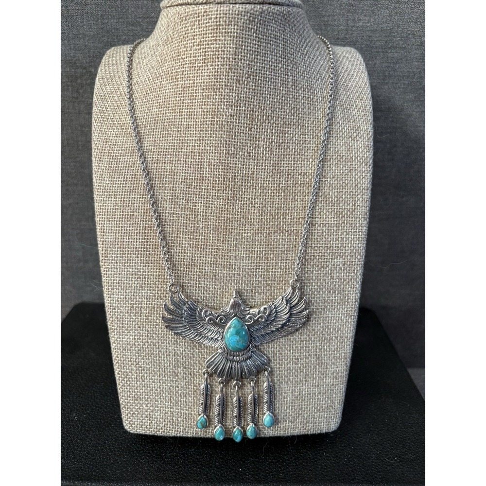 BBJ Southwestern Turquoise And Sterling Silver 925‎ Eagle Necklace Dangles 31 Gr